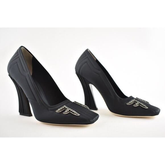 Fendi Freedom Black Embellished Crystal FF Logo Satin Square Toe Heel Pump 38 - Picture 4 of 12